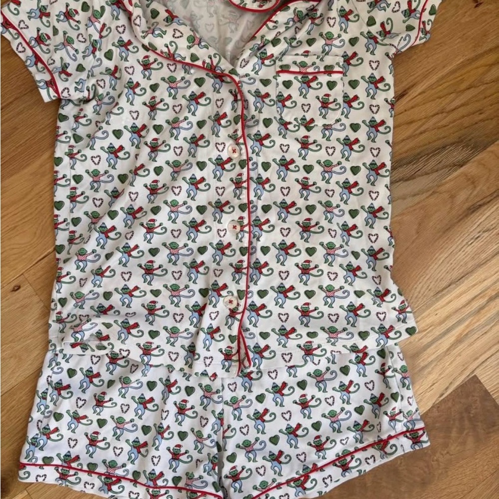 Roller Rabbit Xmas Monkeys Pajama Set with Red Trim and Multicolor Print